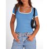 imagePRETTYGARDEN Womens Summer Short Sleeve T Shirts Ribbed Knit Square Neck Color Block Slim Fit Basic Casual Crop Tops BlousesBlue