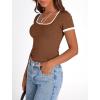 imagePRETTYGARDEN Womens Summer Short Sleeve T Shirts Ribbed Knit Square Neck Color Block Slim Fit Basic Casual Crop Tops BlousesBrown
