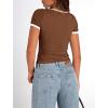 imagePRETTYGARDEN Womens Summer Short Sleeve T Shirts Ribbed Knit Square Neck Color Block Slim Fit Basic Casual Crop Tops BlousesBrown