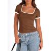 imagePRETTYGARDEN Womens Summer Short Sleeve T Shirts Ribbed Knit Square Neck Color Block Slim Fit Basic Casual Crop Tops BlousesBrown