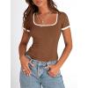imagePRETTYGARDEN Womens Summer Short Sleeve T Shirts Ribbed Knit Square Neck Color Block Slim Fit Basic Casual Crop Tops BlousesBrown