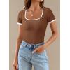 imagePRETTYGARDEN Womens Summer Short Sleeve T Shirts Ribbed Knit Square Neck Color Block Slim Fit Basic Casual Crop Tops BlousesBrown
