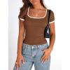 imagePRETTYGARDEN Womens Summer Short Sleeve T Shirts Ribbed Knit Square Neck Color Block Slim Fit Basic Casual Crop Tops BlousesBrown