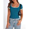 imagePRETTYGARDEN Womens Summer Short Sleeve T Shirts Ribbed Knit Square Neck Color Block Slim Fit Basic Casual Crop Tops BlousesDark Blue