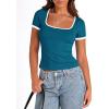 imagePRETTYGARDEN Womens Summer Short Sleeve T Shirts Ribbed Knit Square Neck Color Block Slim Fit Basic Casual Crop Tops BlousesDark Blue