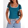 imagePRETTYGARDEN Womens Summer Short Sleeve T Shirts Ribbed Knit Square Neck Color Block Slim Fit Basic Casual Crop Tops BlousesDark Blue