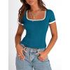 imagePRETTYGARDEN Womens Summer Short Sleeve T Shirts Ribbed Knit Square Neck Color Block Slim Fit Basic Casual Crop Tops BlousesDark Blue