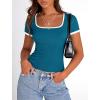 imagePRETTYGARDEN Womens Summer Short Sleeve T Shirts Ribbed Knit Square Neck Color Block Slim Fit Basic Casual Crop Tops BlousesDark Blue