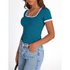 imagePRETTYGARDEN Womens Summer Short Sleeve T Shirts Ribbed Knit Square Neck Color Block Slim Fit Basic Casual Crop Tops BlousesDark Blue