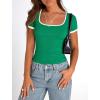 imagePRETTYGARDEN Womens Summer Short Sleeve T Shirts Ribbed Knit Square Neck Color Block Slim Fit Basic Casual Crop Tops BlousesGreen