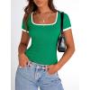 imagePRETTYGARDEN Womens Summer Short Sleeve T Shirts Ribbed Knit Square Neck Color Block Slim Fit Basic Casual Crop Tops BlousesGreen