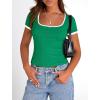 imagePRETTYGARDEN Womens Summer Short Sleeve T Shirts Ribbed Knit Square Neck Color Block Slim Fit Basic Casual Crop Tops BlousesGreen