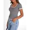 imagePRETTYGARDEN Womens Summer Short Sleeve T Shirts Ribbed Knit Square Neck Color Block Slim Fit Basic Casual Crop Tops BlousesGrey