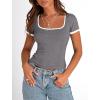 imagePRETTYGARDEN Womens Summer Short Sleeve T Shirts Ribbed Knit Square Neck Color Block Slim Fit Basic Casual Crop Tops BlousesGrey