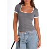 imagePRETTYGARDEN Womens Summer Short Sleeve T Shirts Ribbed Knit Square Neck Color Block Slim Fit Basic Casual Crop Tops BlousesGrey