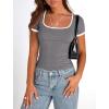 imagePRETTYGARDEN Womens Summer Short Sleeve T Shirts Ribbed Knit Square Neck Color Block Slim Fit Basic Casual Crop Tops BlousesGrey