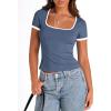 imagePRETTYGARDEN Womens Summer Short Sleeve T Shirts Ribbed Knit Square Neck Color Block Slim Fit Basic Casual Crop Tops BlousesGrey Blue