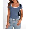 imagePRETTYGARDEN Womens Summer Short Sleeve T Shirts Ribbed Knit Square Neck Color Block Slim Fit Basic Casual Crop Tops BlousesGrey Blue