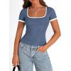 imagePRETTYGARDEN Womens Summer Short Sleeve T Shirts Ribbed Knit Square Neck Color Block Slim Fit Basic Casual Crop Tops BlousesGrey Blue