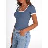 imagePRETTYGARDEN Womens Summer Short Sleeve T Shirts Ribbed Knit Square Neck Color Block Slim Fit Basic Casual Crop Tops BlousesGrey Blue