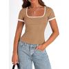 imagePRETTYGARDEN Womens Summer Short Sleeve T Shirts Ribbed Knit Square Neck Color Block Slim Fit Basic Casual Crop Tops BlousesKhaki