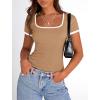 imagePRETTYGARDEN Womens Summer Short Sleeve T Shirts Ribbed Knit Square Neck Color Block Slim Fit Basic Casual Crop Tops BlousesKhaki