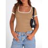 imagePRETTYGARDEN Womens Summer Short Sleeve T Shirts Ribbed Knit Square Neck Color Block Slim Fit Basic Casual Crop Tops BlousesKhaki