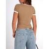 imagePRETTYGARDEN Womens Summer Short Sleeve T Shirts Ribbed Knit Square Neck Color Block Slim Fit Basic Casual Crop Tops BlousesKhaki