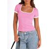 imagePRETTYGARDEN Womens Summer Short Sleeve T Shirts Ribbed Knit Square Neck Color Block Slim Fit Basic Casual Crop Tops BlousesLight Pink