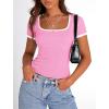 imagePRETTYGARDEN Womens Summer Short Sleeve T Shirts Ribbed Knit Square Neck Color Block Slim Fit Basic Casual Crop Tops BlousesLight Pink
