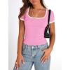 imagePRETTYGARDEN Womens Summer Short Sleeve T Shirts Ribbed Knit Square Neck Color Block Slim Fit Basic Casual Crop Tops BlousesLight Pink