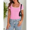 imagePRETTYGARDEN Womens Summer Short Sleeve T Shirts Ribbed Knit Square Neck Color Block Slim Fit Basic Casual Crop Tops BlousesLight Pink