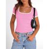 imagePRETTYGARDEN Womens Summer Short Sleeve T Shirts Ribbed Knit Square Neck Color Block Slim Fit Basic Casual Crop Tops BlousesLight Pink