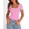 imagePRETTYGARDEN Womens Summer Short Sleeve T Shirts Ribbed Knit Square Neck Color Block Slim Fit Basic Casual Crop Tops BlousesLight Pink