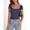 imagePRETTYGARDEN Womens Summer Short Sleeve T Shirts Ribbed Knit Square Neck Color Block Slim Fit Basic Casual Crop Tops BlousesNavy