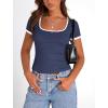imagePRETTYGARDEN Womens Summer Short Sleeve T Shirts Ribbed Knit Square Neck Color Block Slim Fit Basic Casual Crop Tops BlousesNavy
