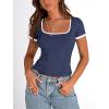 imagePRETTYGARDEN Womens Summer Short Sleeve T Shirts Ribbed Knit Square Neck Color Block Slim Fit Basic Casual Crop Tops BlousesNavy