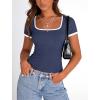 imagePRETTYGARDEN Womens Summer Short Sleeve T Shirts Ribbed Knit Square Neck Color Block Slim Fit Basic Casual Crop Tops BlousesNavy