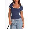 imagePRETTYGARDEN Womens Summer Short Sleeve T Shirts Ribbed Knit Square Neck Color Block Slim Fit Basic Casual Crop Tops BlousesNavy