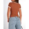 imagePRETTYGARDEN Womens Summer Short Sleeve T Shirts Ribbed Knit Square Neck Color Block Slim Fit Basic Casual Crop Tops BlousesRust Red
