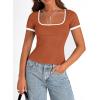 imagePRETTYGARDEN Womens Summer Short Sleeve T Shirts Ribbed Knit Square Neck Color Block Slim Fit Basic Casual Crop Tops BlousesRust Red