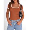 imagePRETTYGARDEN Womens Summer Short Sleeve T Shirts Ribbed Knit Square Neck Color Block Slim Fit Basic Casual Crop Tops BlousesRust Red