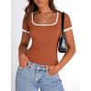 imagePRETTYGARDEN Womens Summer Short Sleeve T Shirts Ribbed Knit Square Neck Color Block Slim Fit Basic Casual Crop Tops BlousesRust Red
