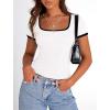 imagePRETTYGARDEN Womens Summer Short Sleeve T Shirts Ribbed Knit Square Neck Color Block Slim Fit Basic Casual Crop Tops BlousesWhite