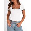 imagePRETTYGARDEN Womens Summer Short Sleeve T Shirts Ribbed Knit Square Neck Color Block Slim Fit Basic Casual Crop Tops BlousesWhite
