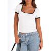 imagePRETTYGARDEN Womens Summer Short Sleeve T Shirts Ribbed Knit Square Neck Color Block Slim Fit Basic Casual Crop Tops BlousesWhite