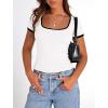imagePRETTYGARDEN Womens Summer Short Sleeve T Shirts Ribbed Knit Square Neck Color Block Slim Fit Basic Casual Crop Tops BlousesWhite