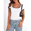 imagePRETTYGARDEN Womens Summer Short Sleeve T Shirts Ribbed Knit Square Neck Color Block Slim Fit Basic Casual Crop Tops BlousesWhite