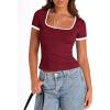 imagePRETTYGARDEN Womens Summer Short Sleeve T Shirts Ribbed Knit Square Neck Color Block Slim Fit Basic Casual Crop Tops BlousesWine Red