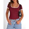 imagePRETTYGARDEN Womens Summer Short Sleeve T Shirts Ribbed Knit Square Neck Color Block Slim Fit Basic Casual Crop Tops BlousesWine Red